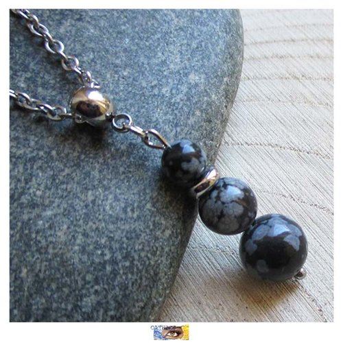 Pendentif "protection-equilibre-ancrage" 3 perles obsidienne, acier, pierre naturelle, bijou litho obsidienne, bijou zen, bijou litho