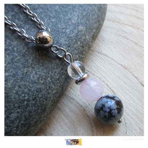 Pendentif 3 perles "protection-equilibre-douceur" obsidienne, quartz rose, cristal de roche, acier, pendentif pierre design,