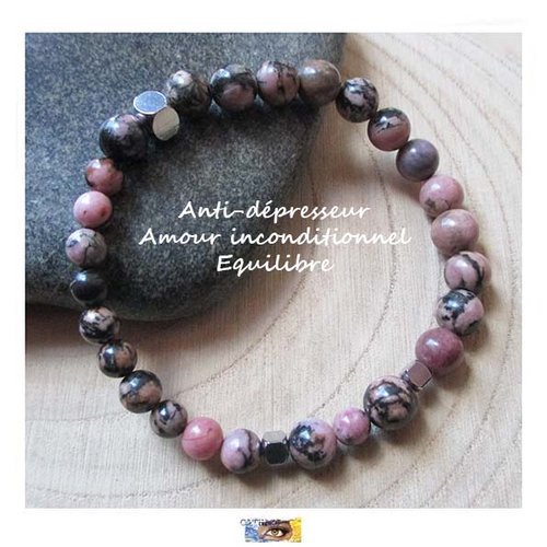 Bracelet "amour inconditionnel-equilibre-anti-dépresseur" rhodonite - acier inoxydable, bracelet lithothérapie, pierre, bijou litho