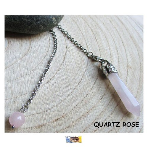 Pendule pierre et bracelet - radiesthésie - divinatoire  pointe quartz rose - chaîne acier - "amour-confiance en soi", pendule pierre