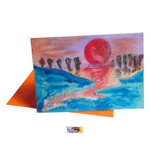 Carte tableau /chevalet "soleil rouge et reflets" aquarelle symbolique et abstraite