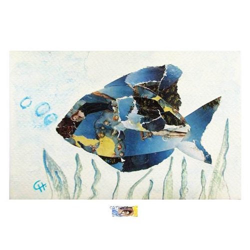 Carte "poisson" aquarelle et collages, carte collage papiers et peinture
