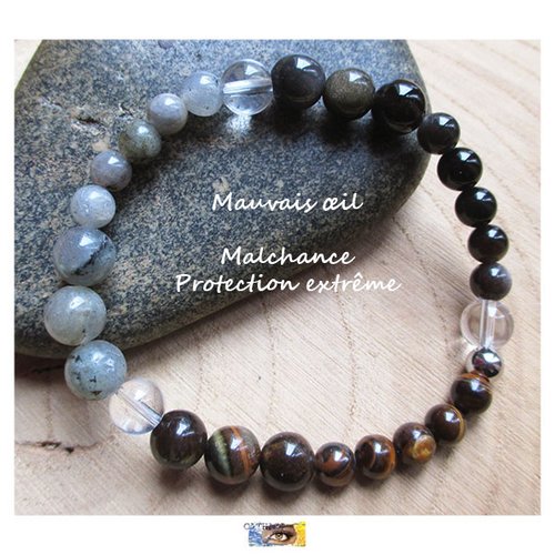 Bracelet "malchance-mauvais œil-protection extrême" - labradorite-obsidienne-œil de tigre-cristal de roche - acier inoxydable, pierres