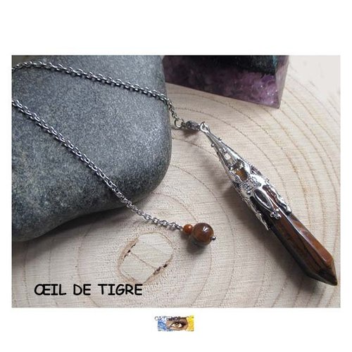 Pendule pierre et bracelet - radiesthésie - divinatoire - pointe œil de tigre filigrane métal argent - chaîne acier - pendule