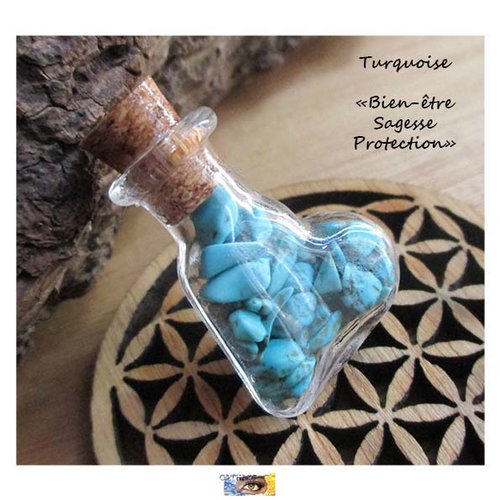 Bouteille à souhaits - pierres turquoise "bien-être-sagesse-protection" - fiole "cœur oblique" en verre bouchon liège, fiole pierres