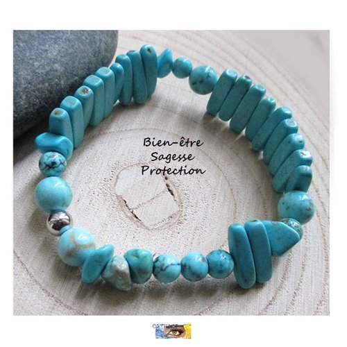 Bracelet design "bien-être-sagesse-protection" - turquoise acier inoxydable, bracelet lithothérapie, pierre naturelle, perles, turquoise