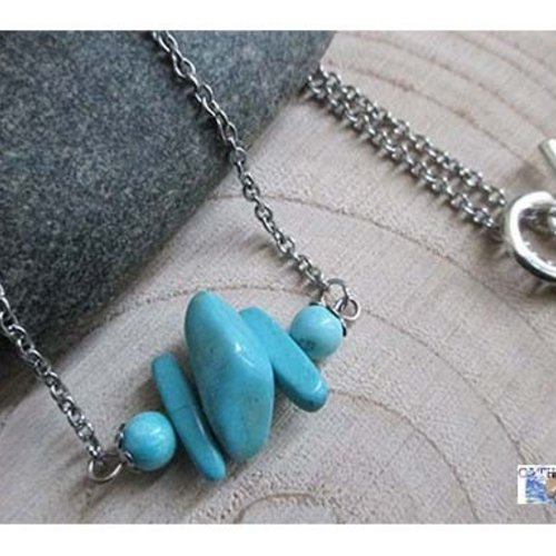 Chaine design ras du cou "anti-stress-bien-être-positivisme" -turquoise - acier inoxydable, chaine lithothérapie, bijou pierre