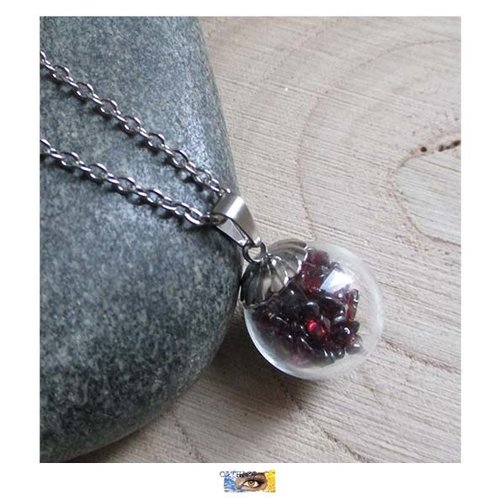 Chaîne pendentif globe verre "succès-confiance-energie" - pierres baroques grenat - acier inoxydable, chaine litho, pierre naturelle