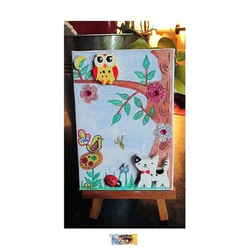 Mini toile "la forêt enchantée" chouette, chat, coccinelle en bois sur fond peint à l'aquarelle et aux crayons aquarelle, déco enfant