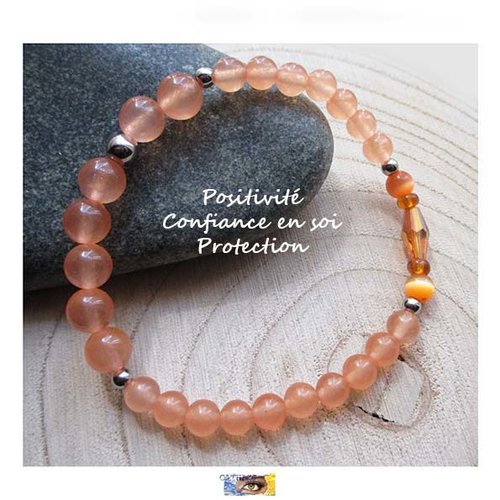 Bracelet - "positivité, confiance en soi, protection" - calcite orange, œil de chat, cristal, verre - acier inoxydable, bracelet pierre