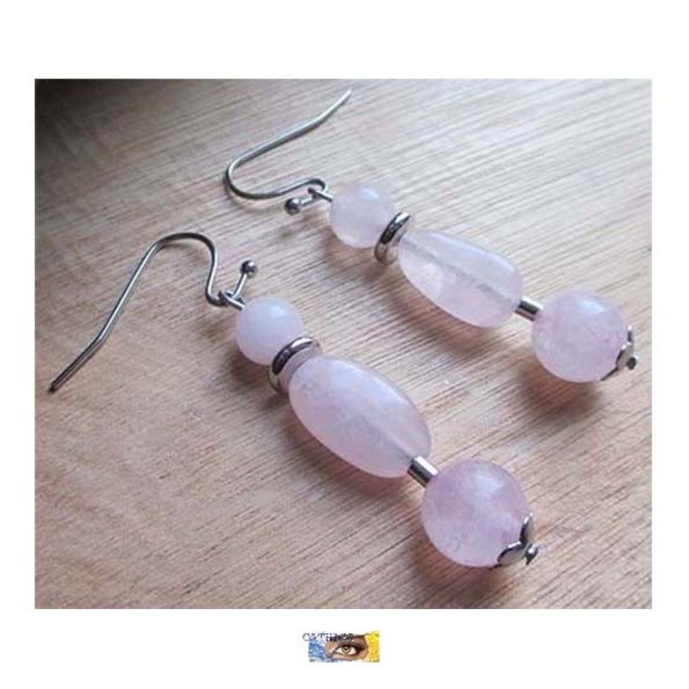 B.o. quartz rose, boucle d'oreille pierre naturelle, boucle perle, boucles  oreilles design, b.o lithothérapie, acier - Un grand marché