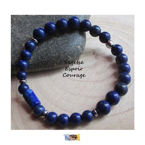 Bracelet "sagesse-espoir-courage" lapis lazuli - acier inoxydable, bracelet lithothérapie, pierre naturelle, perles