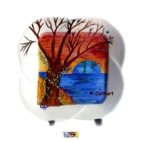 Assiette décorative en grès peinte main "terre bleue" - peinture abstraite symbolique, assiette peinte déco
