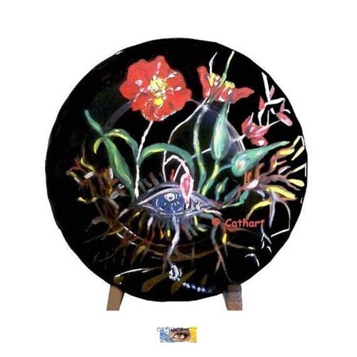 Assiette décorative en faïence peinte main "œil fleuri" - peinture abstraite symbolique, assiette peinte, déco abstraite
