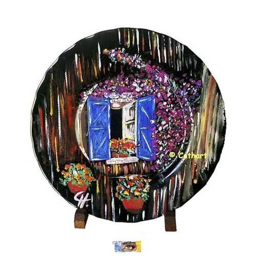Assiette décorative en faïence peinte main "fenêtre en provence", assiette peinte, déco abstraite