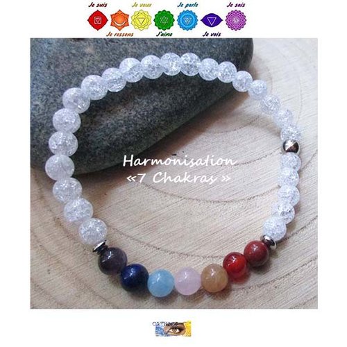 Bracelet harmonisation 7 chakras, cristal de roche craquelé, pierres naturelles, bracelet lithothérapie, perles