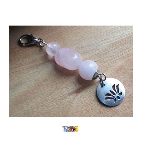 Charm pendentif quartz rose "amour-confiance en soi" - "fleur de lotus" + mousqueton - acier inoxydable, bijou lithothérapie, pierre