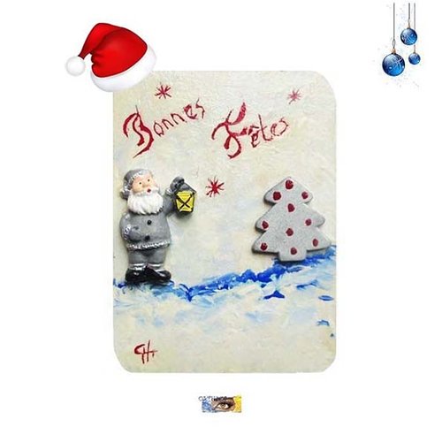 Carte sur bois-mini tableau "père-noël et sapin dans la neige" joyeuses fêtes, carte noel, tableau neige, noel