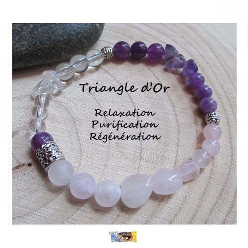 Bracelet "triangle d'or" - relaxation-purification-régénération - quartz rose, améthyste et cristal de roche, lithotherapie