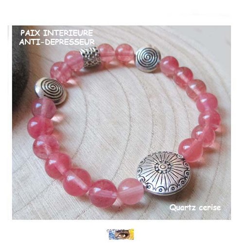 Bracelet "paix intérieure-anti-dépresseur" - quartz cerise - métal argent, bracelet lithothérapie, pierres naturelles, bijou zen