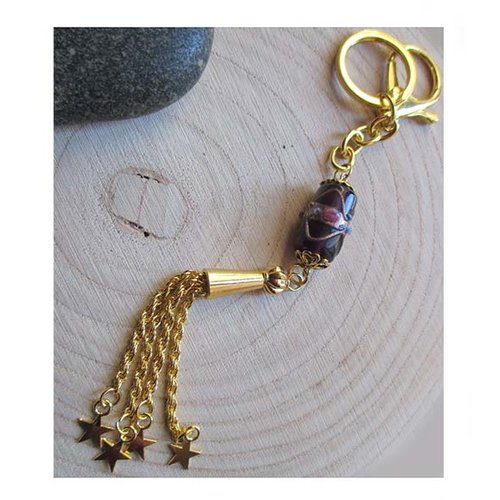 Porte-clés - bijou de sac, voiture - gri-gri - perle verre lampwork tchèque - métal or