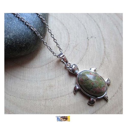 Chaîne pendentif "tortue" - "equilibre émotionnel, clarification, harmonie" - unakite acier inoxydable, pierre, unakite, bijou litho