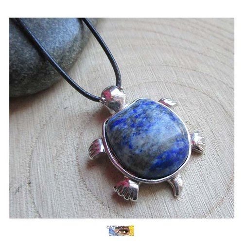 Tour de cou "sagesse-espoir-courage" - tortue lapis lazuli - métal laiton platine argent, pierre naturelle, lapis, bijou lithothérapie