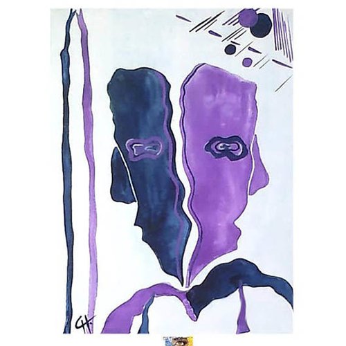 Toile symbolique et abstraite à l'aquarelle et l'acrylique "face et profil", composition abstraite, peinture