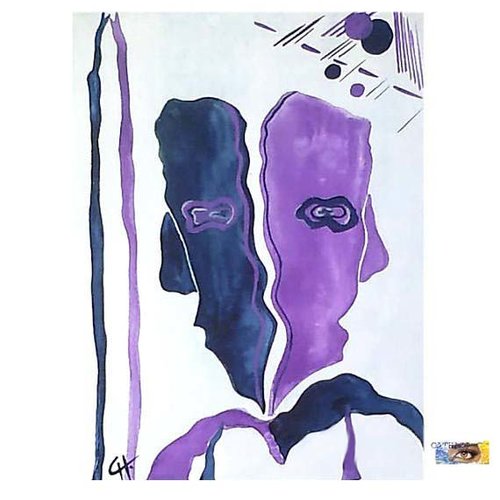 Toile symbolique et abstraite à l'aquarelle et l'acrylique "face et profil", composition abstraite, peinture