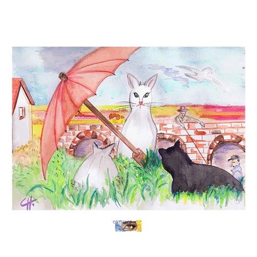 Aquarelle "les 3 chats sous l'ombrelle rouge", peinture chats