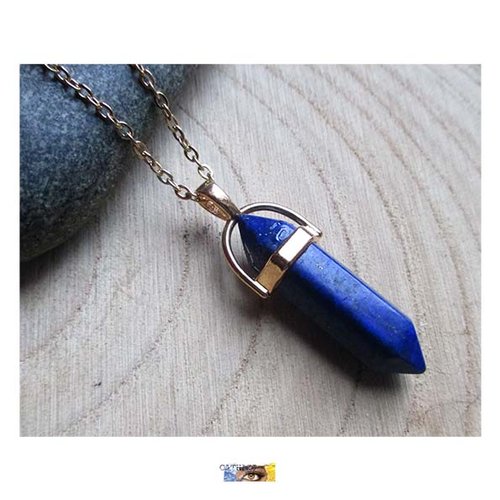 Chaine "sagesse-espoir-courage" - pointe lapis lazuli - chaine acier or , pendentif pierre naturelle,lapis lazuli