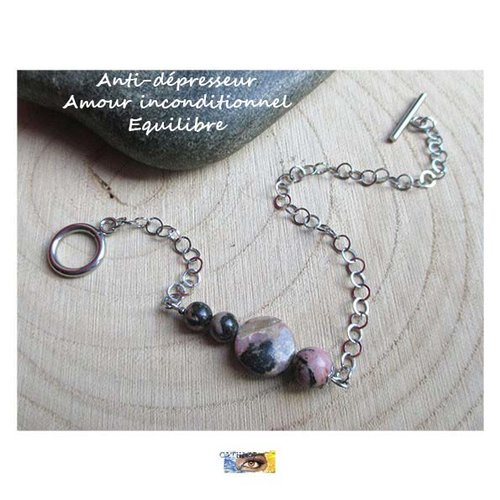 Bracelet gourmette "amour inconditionnel-equilibre-anti-dépresseur" rhodonite - acier, pierre naturelle, perles, bracelet lithotherapie