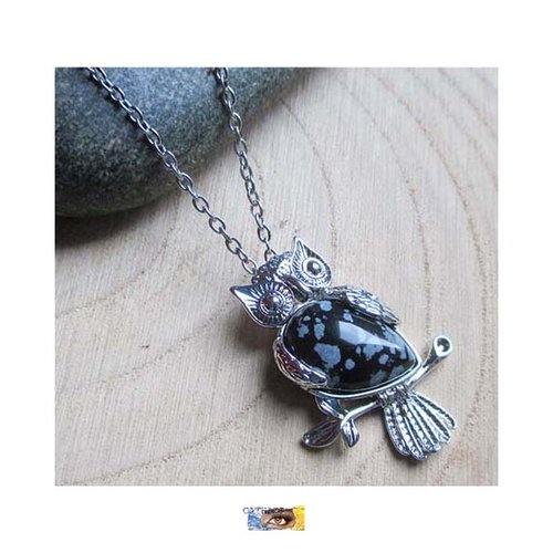 Chaîne grand pendentif chouette, obsidienne flocons de neige, "protection-equilibre-ancrage", pierre naturelle, chaîne lithothérapie