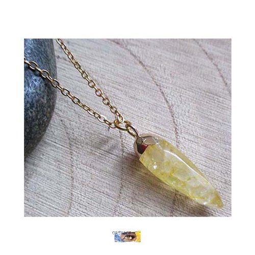 Chaîne pendentif "pointe" - "bonheur-joie-force vitale" - citrine - acier inoxydable or ,pierre naturelle, perles, bijou zen