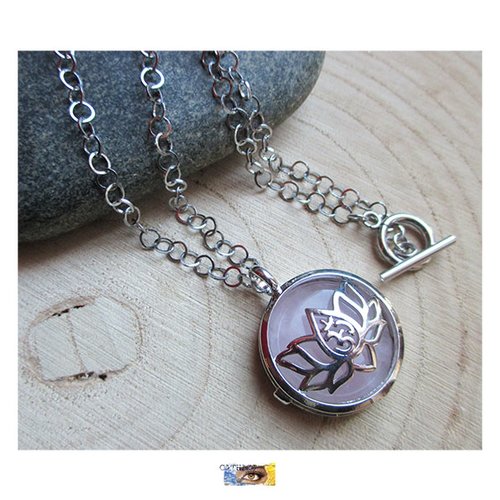 Chaîne "amour-confiance en soi" fleur de lotus quartz rose - acier inoxydable, collier lithothérapie, bijou pierre femme