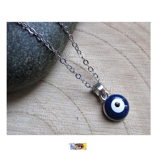 Chaîne pendentif - "œil" email - chaine métal argent, collier fantaisie enfant, pendentif protection