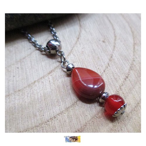 Pendentif cornaline "positivité-energie" - acier inoxydable, pierre naturelle, perles, cornaline