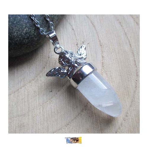 Chaine pendentif ange cristal de roche "protection-puissance" acier inoxydable, pendentif ange pierre, cristal de roche