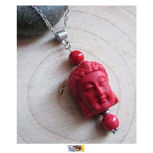 Chaîne pendentif - "force-energie" -tête de bouddha - cinabre, corail - acier inoxydable, chaine lithothérapie, pierre naturelle