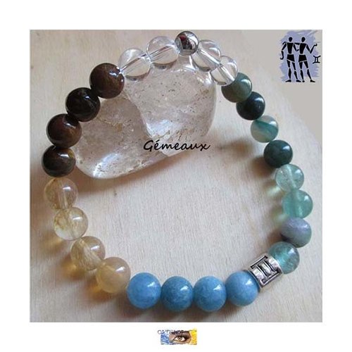 Bracelet astrologique gemeaux perles naturelles, bracelet astro, gémeaux, bijoux lithothérapie