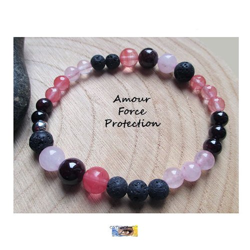Bracelet "amour-force-protection" - quartz rose, quartz cerise, grenat, pierre de lave - acier, bracelet lithothérapie, pierres naturelles,