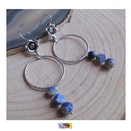 B.o. sodalite - acier inoxydable, b.o.. lithothérapie, boucle oreille pierre sodalite