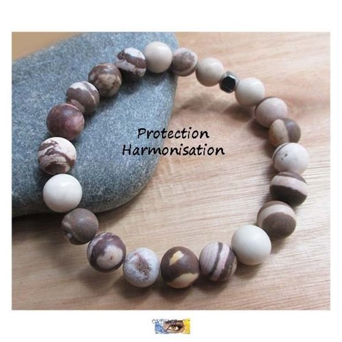 Bracelet ethnique "protection-harmonisation" jaspe zèbre givré mat - acier , bracelet lithothérapie, pierres naturelles, hommes