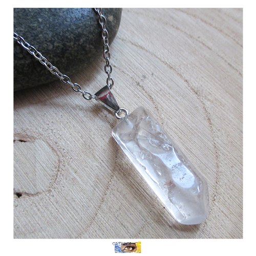 Chaine pendentif "bâton" cristal de roche "protection-puissance" acier inoxydable, cristal de roche, collier pierre naturelle