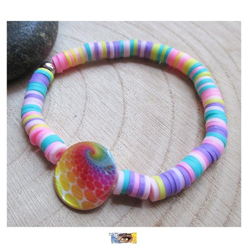 Bracelet perles rondelles heishi katsuki multicolores en pâte polymère, nacre, acier inoxydable, bracelet femme fantaisie été