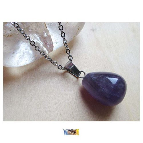 Chaîne "paix-sérénité-plénitude" - poire améthyste - acier inoxydable, chaine pierre améthyste, bijou lithothérapie, pierre