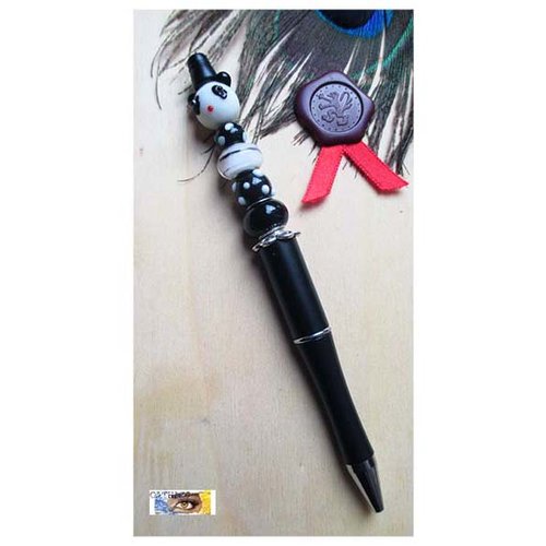 Stylo perles "panda" noir perles porcelaine, indonésiennes et verre, stylo bijou