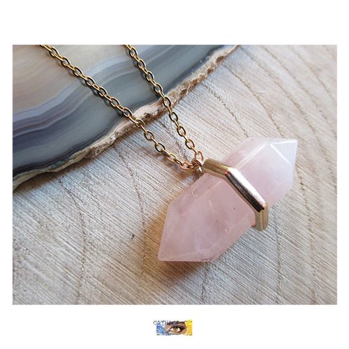 Chaîne "amour-confiance en soi" " pointe" quartz rose - acier inoxydable or, collier lithothérapie, bijou pierre femme