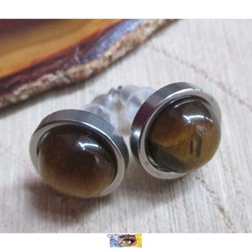 B.o. cabochons œil de tigre - acier inoxydable, boucle oreille œil de tigre, bijou litho,