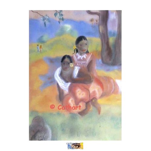 Pastel gras "les tahitiennes assises sur l herbe" façon gauguin - sous cadre bois vert amande, pastel femmes gauguin